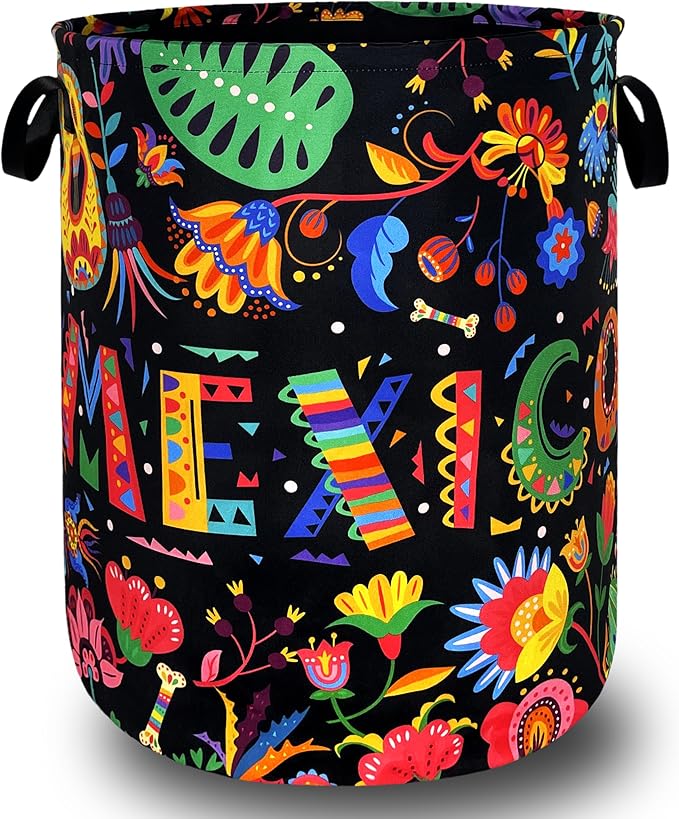 Mexico Laundry Basket Foldable Colorful Hippie Floral Laundry Hamper With Handle Oxford Cloth Portable Clothes Storage Organizer Basket 18.9"x16.5" Laundry Bag For Laundry Room/Bedroom/Bathrooms