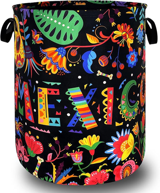 Mexico Laundry Basket Foldable Colorful Hippie Floral Laundry Hamper With Handle Oxford Cloth Portable Clothes Storage Organizer Basket 18.9"x16.5" Laundry Bag For Laundry Room/Bedroom/Bathrooms