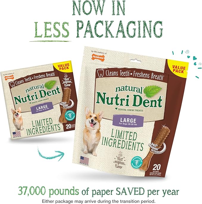Nylabone Nutri Dent Dog Dental Chews - Natural Dog Teeth Cleaning & Breath Freshener - Dental Treats for Dogs - Filet Mignon Flavor, Large (20 Count)