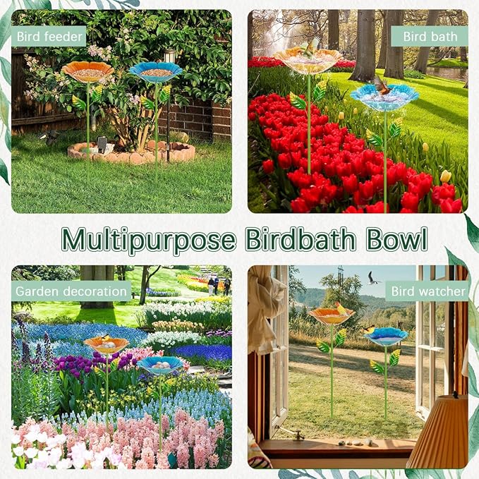 2 Pack Bird Bath for Outside, 31.3" H Metal Birdbaths, 10.63" Dia Garden Flower Bird Water Bowl, Freestanding Hummingbird Bath for Outdoors Garden Patio Yard Decor (Blue,Yellow)