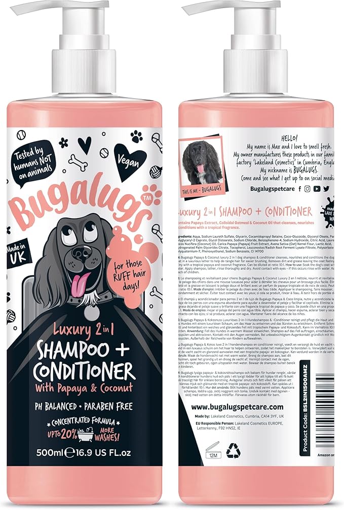 BUGALUGS Dog Shampoo Luxury 2 in 1 Papaya & Coconut Dog Grooming Shampoo Products for Smelly Dogs with Fragrance, Best Puppy Shampoo, Professional Groom Vegan pet Shampoo & Conditioner