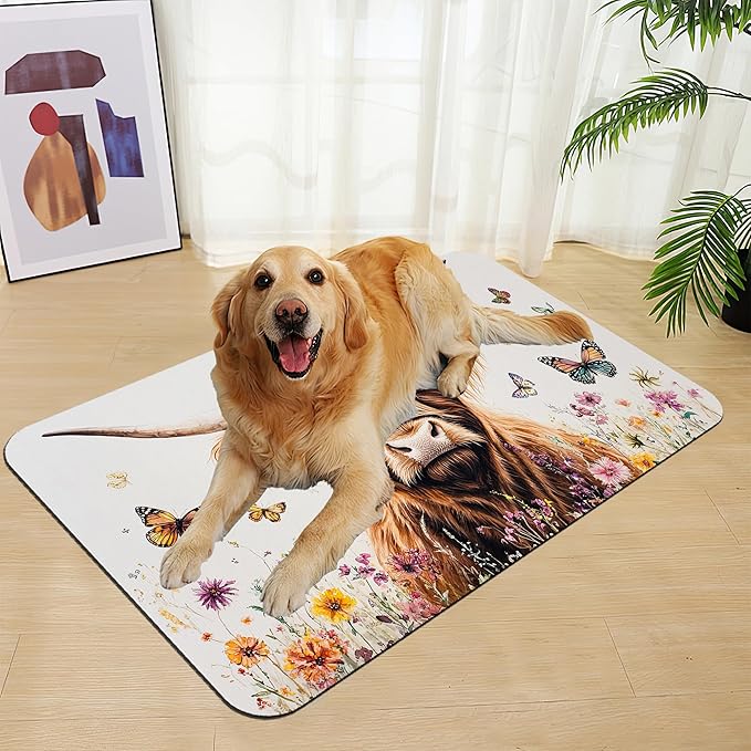 Highland Cow Butterfly Dog Food Mat–Absorbent Quick Dry Feeding Placemat for Food and Water Bowls, Non Slip Rubber Backing, Waterproof Pet Supplies for Mess-Free Eating 16"x24"