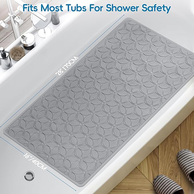 WRISIN Bathtub Mat Non Slip with Suction Cups - 100% Rubber Bathroom Mat Textured for Bath Tub Shower Safety - Soft on Touch - BPA/PVC Free - Pet Dog Bath Mat - Machine Washable - 16 × 28 Inch（Gray）