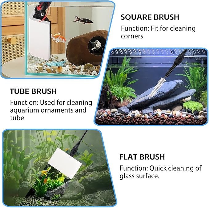 Aquarium Cleaning Tools, 7 in 1 Fish Tank Cleaning Kit with Adjustable Long Handle,Aquarium Sponge Brush, Scraper Cleaner,Fish Net,Tube Brush,Fork,Gravel Rake for Fish Tank Cleaner