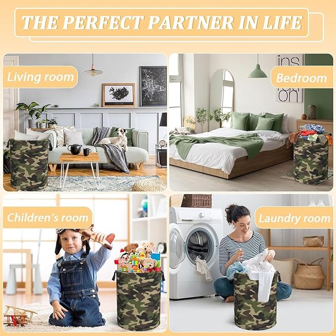 Green Camouflage Laundry Hamper Bag With Waterproof Liner - Military Camo Round Laundry Basket Foldable Clothes Storage Organizer For Bathroom Bedroom Nursery Dorm, M-19.6"X 15.7"