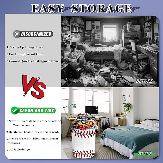 Baseball Texture Laundry Basket Foldable Funny Baseball Laundry Hamper With Handle Oxford Cloth Portable Clothes Storage Organizer Basket 18.9"x16.5" Laundry Bag For Laundry Room/Bedroom/Bathrooms