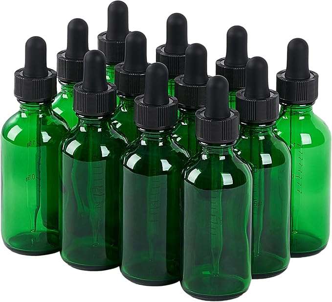 12 Pcs, 2oz Glass Dropper Bottle, Leakproof Tincture Bottles with Dropper, Green Reusable Eye Dropper Bottle, for All Kinds of Liquids (Green, 2oz-12pcs)
