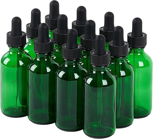 12 Pcs, 2oz Glass Dropper Bottle, Leakproof Tincture Bottles with Dropper, Green Reusable Eye Dropper Bottle, for All Kinds of Liquids (Green, 2oz-12pcs)