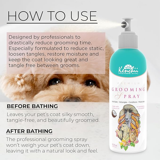 Kenchii Premium Pet Grooming Spray for Dogs and Cats | All-Natural Scented Moisturizing Pet Detangler Spray | Pet Conditioner Coat Shine Spray