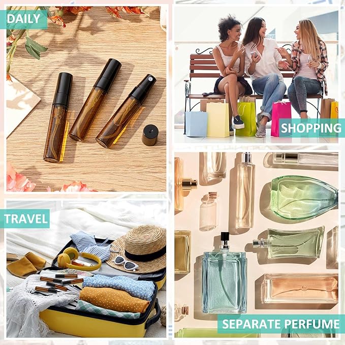 Zhehao 50 Pcs Mini Spray Bottles 5 ml Clear Glass Perfume Bottles Refillable Fine Mist Perfume Atomizer Portable Empty Sample Containers for Cleaning, Essential Oils, Travel (Amber)