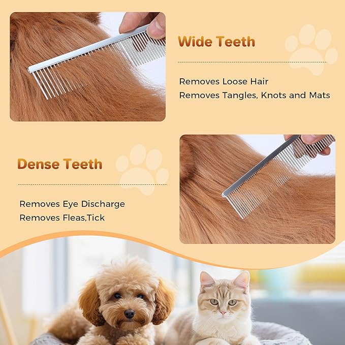 7.5 Inch Professional Solid Brass Stainless Steel Pet Dog Cat Grooming Comb,Wide & Dense Teeth for Removing Tangles, Knots,Undercoat,Excess Hair, Rounded Corners Design for Safe,Metal Dematting Tool
