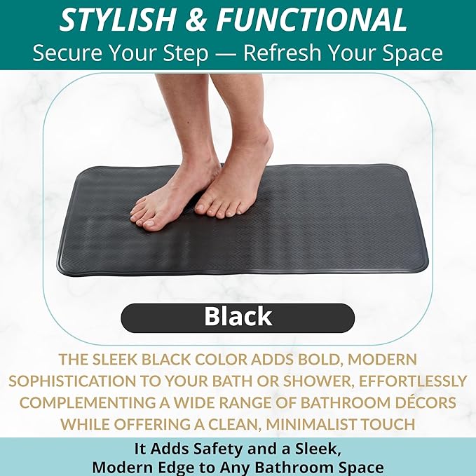 ENKOSI Non Slip Bath Mat for Tub and Shower Floors – Anti Slip Shower Mat with Secure Suction Cup Grip – Soft Black Bathtub Mat for Inside Tubs and Bathroom Shower Stalls (28x16 Black)