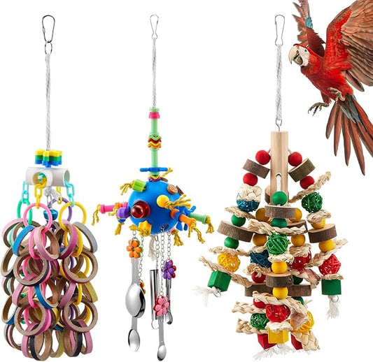3 Pcs Extra Large Bird Parrot Toy Multicolored Natural Wooden Parrot Cage Chewing Toys for Large Medium Macaws Cockatoos African Grey Birds(Ring and Ball)