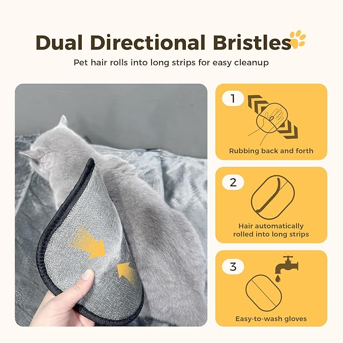 3 Pcs Electrostatic Pet Hair Removal Gloves with Bidirectional Bristle Design, Washable Reusable Cat Dog Hair Remover Grooming Glove Tool for Furniture, Bed Sheets,Car Seat (Yellow)