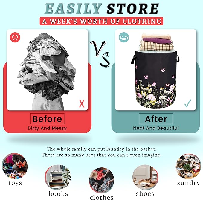 Beautiful Flowers Laundry Hamper With Handles Foldable Oxford Cloth Butterfly Tote Bag Floral Colorful Laundry Basket Clothes Toy Storage Bucket 18.9"x16.5" For Bathroom/Laundry/Bedroom