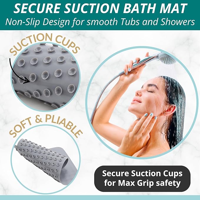 ENKOSI Non Slip Bath Mat for Tub and Shower Floors – Anti Slip Shower Mat with Secure Suction Cup Grip – Soft Grey Bathtub Mat for Inside Bath Tub and Smooth Bathroom Stalls (28x16 Gray)