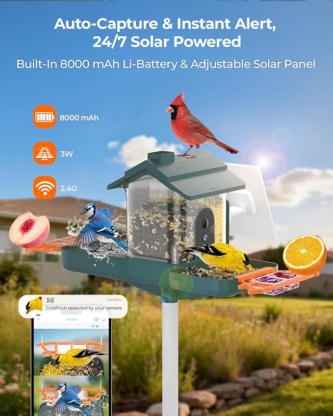 2-in-1 Bird Bath and Bird Feeder with Cameras Solar Powered 2K Dual Cameras Birds Feeder and Bath for Outside Yard Garden, Gift for Dad Mom Kids (Deep Blue + Orange)