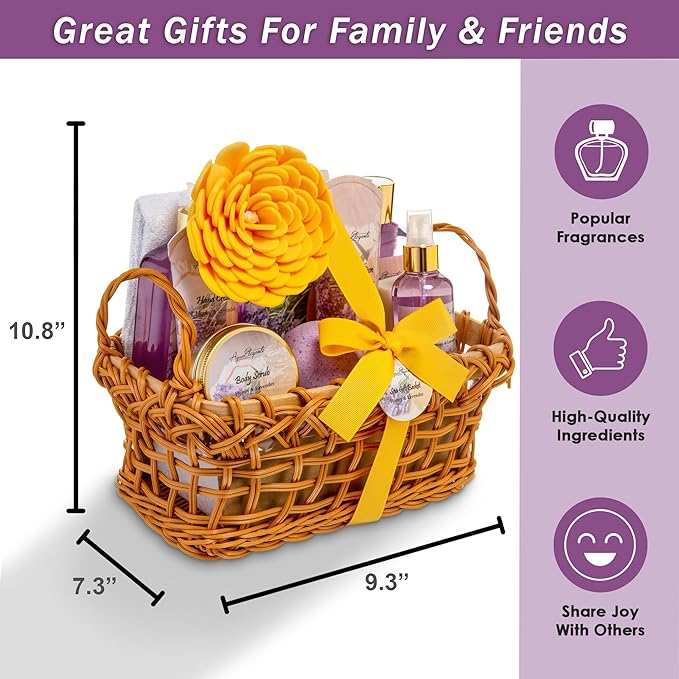 Spa Baskets For Women - Luxury Bath Set With Honey & Lavender - Spa Kit Includes Wash, Bubble Bath, Lotion, Bath Salts, Body Scrub, Body Spray, Shower Puff, Bathbombs, Soap and Towel
