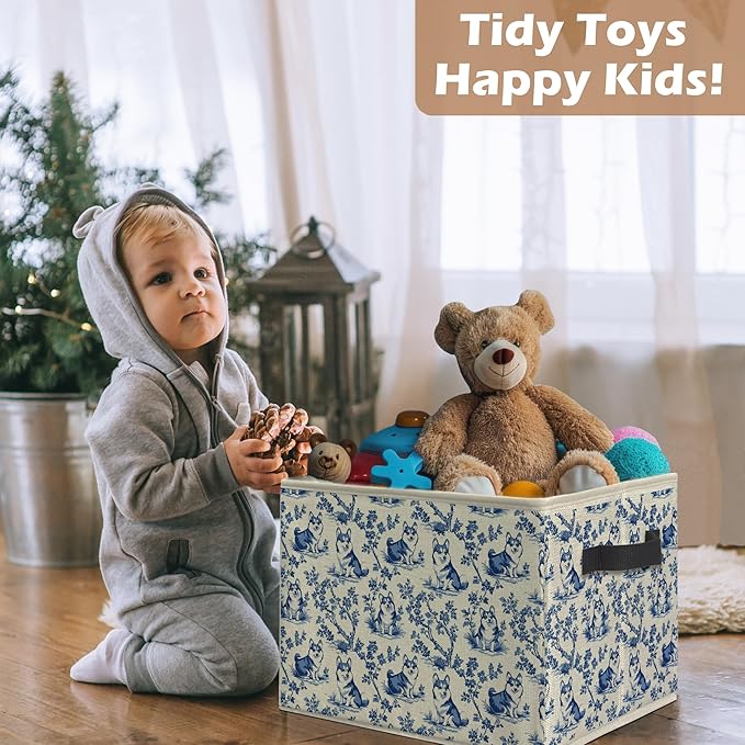 Vintage Blue Chinoiserie Corgi Dog Storage Bins, Corgi Lover Gifts, French Country Toile Dog Collapsible Storage Box Laundry Basket with Handle for Bedroom Bathroom Office Clothes Toys Books