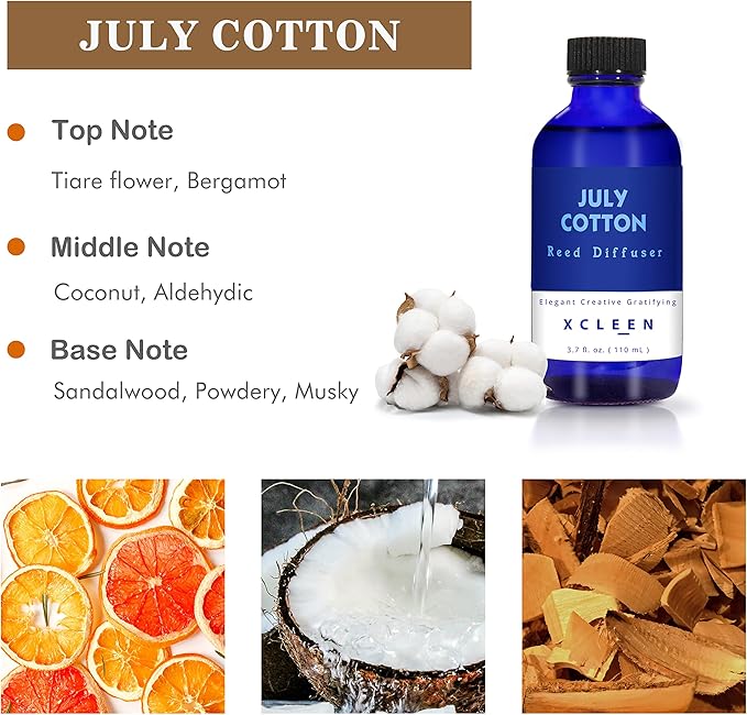 July Cotton Reed Diffuser Set, 3.7 Oz Aromatherapy Scented Oil Diffuser Sticks, Great Room Air Fresheners, Best Housewarming Gift idea - Giving, Home & Office Decor
