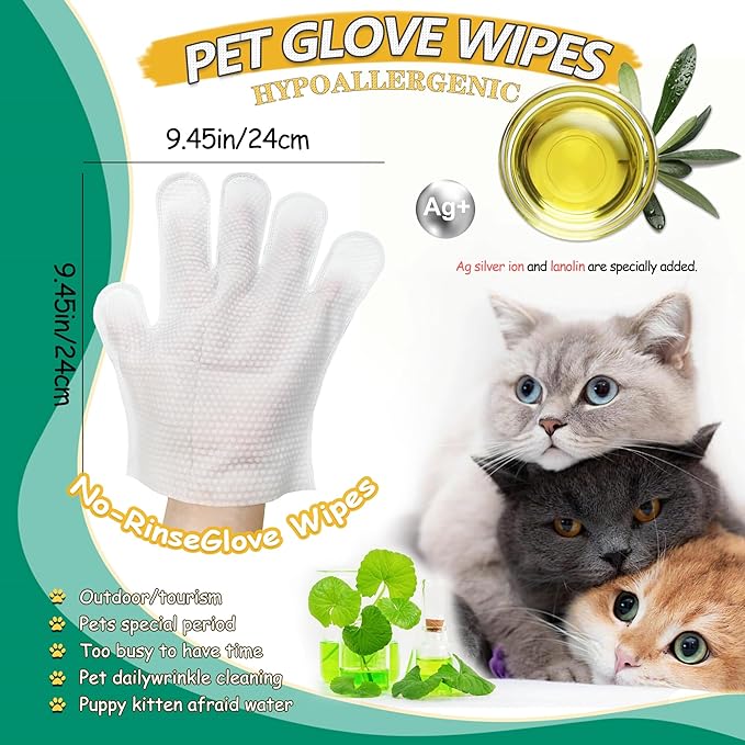10 PCS Pet Cleaning and Deodorizing Bathing Grooming Glove Wipes for Dogs and Cats, Extra Thick Nourish Fur No-Rinse Grooming Wipes for Daily Care and Travel, Hypoallergenic