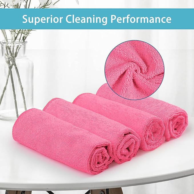 HOMEXCEL Pink Microfiber Cleaning Cloth, 8 Pack Cleaning Towels for Kitchen, Lint Free, Scratch-Free, Highly Absorbent, and Reusable Cleaning Rags for House, Window and Glass, Cars, 11.5 X11.5 inch
