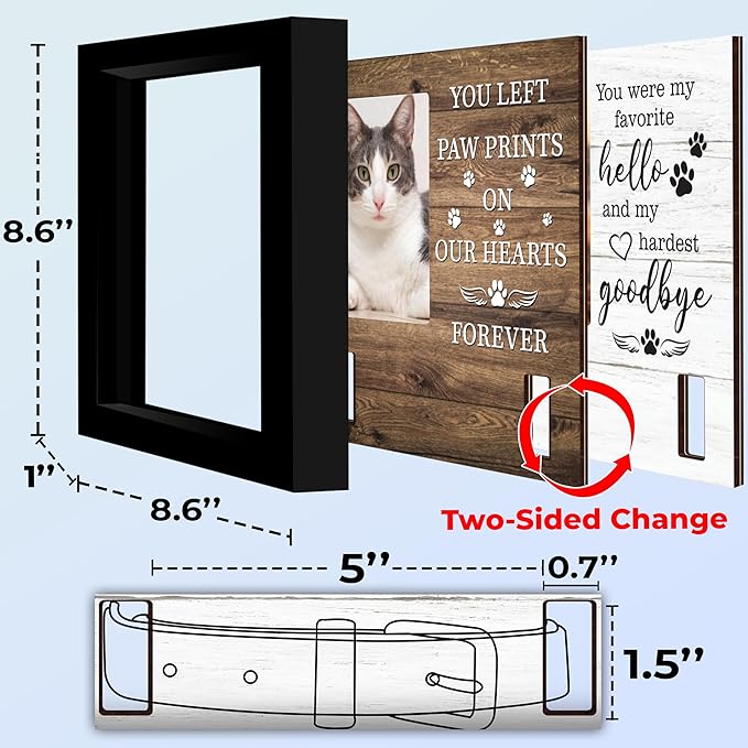 2-Sided Pet Memorial Frame with Collar Holder, Pet Memorial Ornament, Dog Cat Sympathy Card, Loss of Dog Paw Print Keychain, Remembrance Gift for Cat Lovers, Favorite Hello Hardest Goodbye PF225