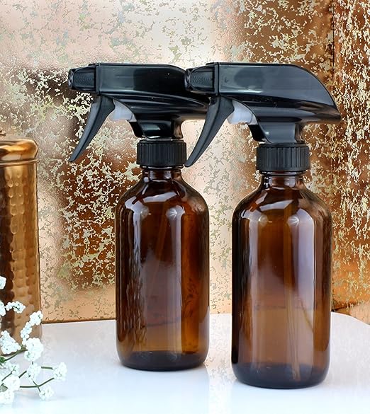 8 oz Amber Glass Spray Bottles with Caps(6 Pack) - Refillable Container for Essential Oils, Cleaning Products, or Aromatherapy - Durable Black Trigger Sprayer w/Mist and Stream Settings