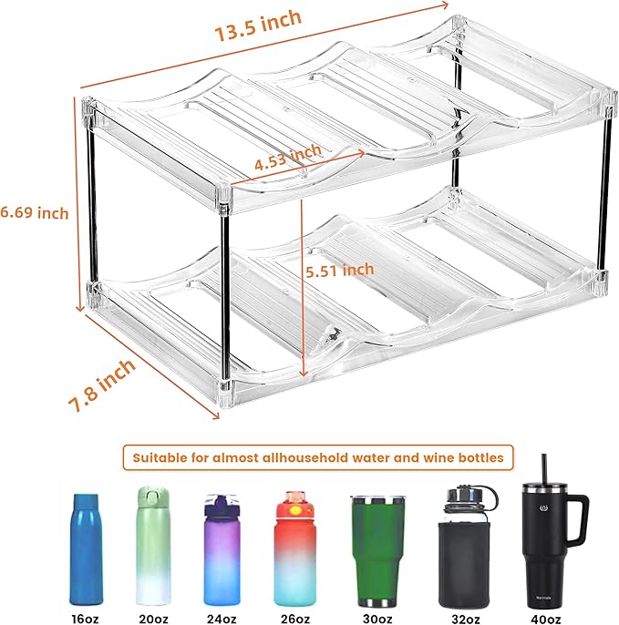 IEEK Plastic Stackable Bottle Storage Holder Rack,Free-Standing Water Bottle/Wine and Drink Organizer Shelf for Kitchen Cabinet,Fridge,Countertop,Pantry,Freezer,2 TiersX3 Bottles,Clear