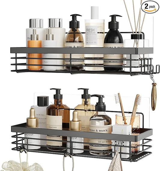 Orimade Shower Caddy with 5 Hooks for Hanging Razor and Sponge Adhesive Shower Shelf Basket Bathroom Storage Organizer Kitchen Rack No Drilling Stainless Steel Rustproof - 2 Pack,Black