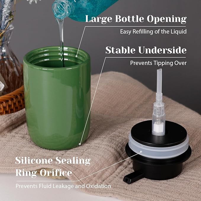 INGOFIN Ceramic Lotion Soap Dispenser Set, 2 Pack (12 oz) Bathroom Hand Soap Dispenser with Pump, Liquid Hand and Dish Soap Dispenser Set, 4 Pcs Clear Stickers, for Kitchen, Bathroom-Olive Green