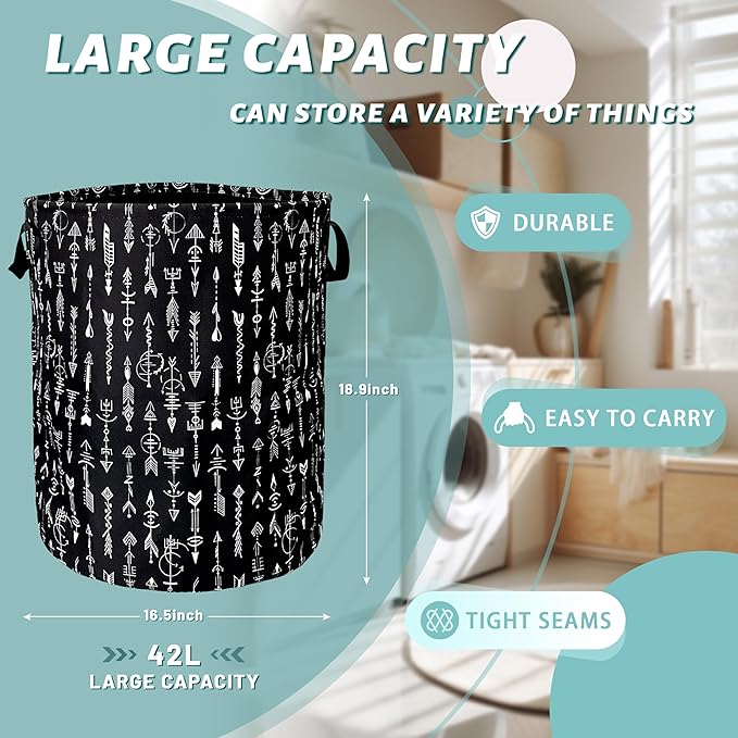 Black White Adventure Arrow Laundry Basket Foldable With Handles Tote Bag Oxford Cloth Funny Laundry Hamper Clothes Storage Bucket Toy Organizer 18.9" x 16.5" For Bathroom/Laundry/Bedroom