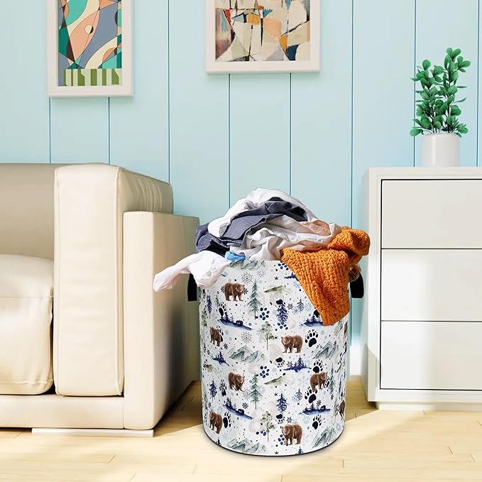 Bear Laundry Basket Oxford Cloth Bear Paw Forest Animal Laundry Hamper With Handle Foldable Portable Clothes Storage Basket 18.9 X 16.5 Inch Storage Bag For Laundry Room/Bathroom/Bedroom/Dormitories
