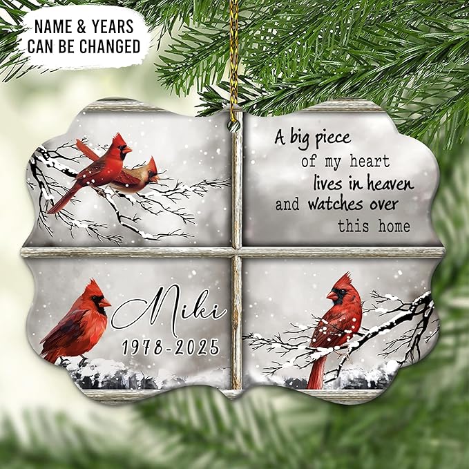 HYTURTLE Personalized Memorial Sympathy Christmas Ornament Tree Decor Gifts for Family Loss of Loved One Mom Dad - Cardinal Piece of Heart in Heaven Custom Name Aluminium Ornament