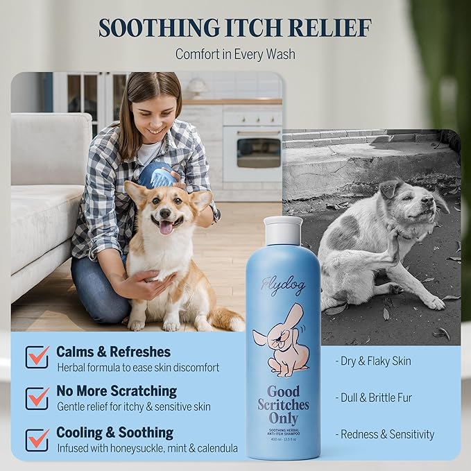 FLYDOG Dog Shampoo Itchy Skin Relief - Honeysuckle Anti Itch Dog Shampoo for Dogs with Sensitive Skin, Hypoallergenic Pet Shampoo for Controls Flaking & Odors, Reduces Shedding(400ml+Brush)