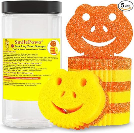 SmilePowo 5 Pack Cute Frog Scrub Sponge, Dual-Sided Temperature Controlled Kitchen Sponge for Dishes,Furniture,Bulk Sponges Household Cleaning Pads,Multi-Functional Premium Cleaning Sponges