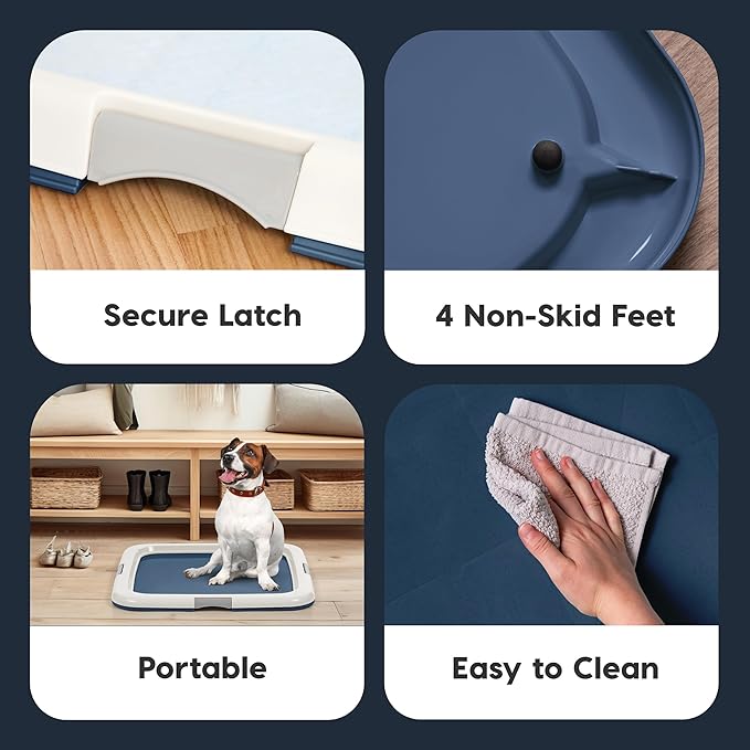 IRIS USA Pee Pad Holder - For Potty Training Regular Sized Dog & Puppy Pee Pads, Secured Latches, Non-Skid Feet, Leak Protection, Fits 22"x22" Pad or Larger, Square, Navy