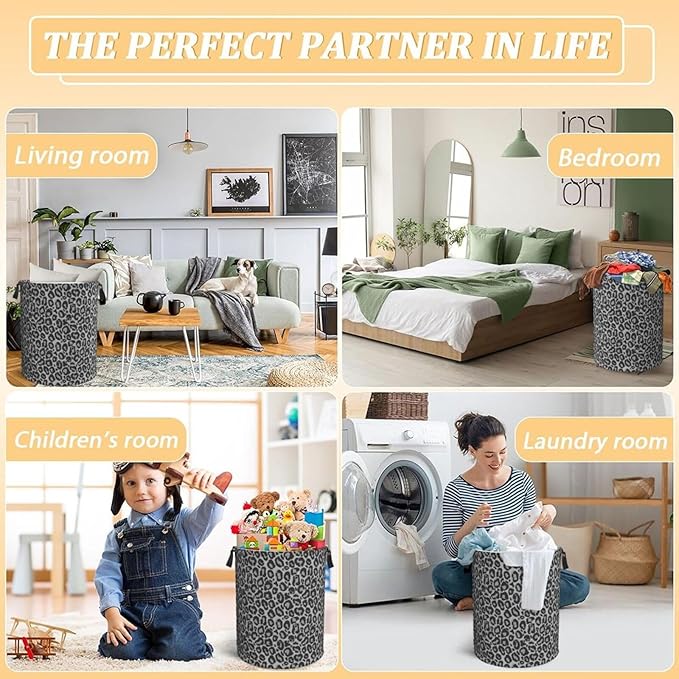 Leopard Cheetah Print Laundry Hamper Bag With Waterproof Liner - Round Laundry Basket Foldable Clothes Storage Organizer For Bathroom Bedroom Nursery Dorm, S-16.5"X 13.8"