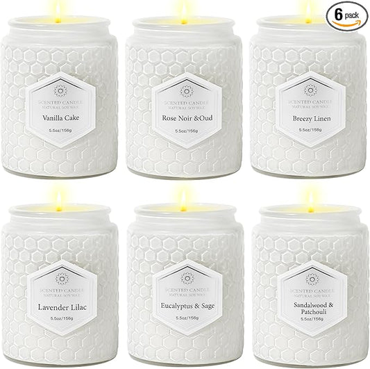 6 Pack Aromatherapy Candles for Home Scented, Gifts Set for Women, Natural Soy Wax Jar, 33 oz 240 Hour Long Lasting, for Birthday, Valentine's Day, White