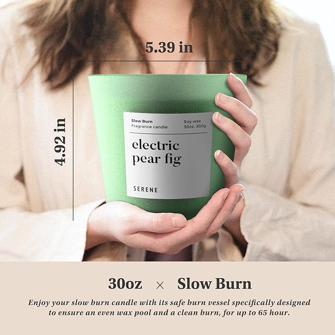 Hidden Label Large Scented Candle, Electric Pear Fig, 30oz 3 Wick Huge Candle, Serene Collection Slow Burn Natural Soy Candles for Home Scented