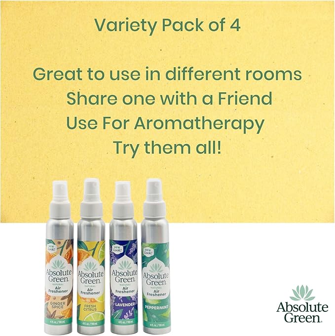 Absolute Green Air Freshener Room Spray, Covers Odor, Variety Pack 4oz (Pack of 4)