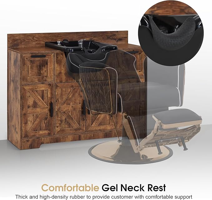 BarberPub Portable Shampoo Station, Shampoo Bowl with Cabinet & Drawer, Salon Geometric Finish Station with Sprayer Faucet, Barber Storage Equipment with Hair Wash Backwash Sink 3439 (Rustic Brown)