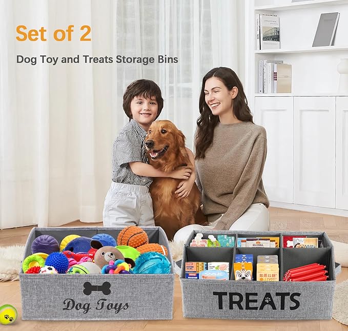 2pack Dog Storage Organizer,Trapezoid Dog Toy Basket,Dog Treat Container with handle,Collapsible Fabric Storage Box for Dog Toys and Dog Treats,Dog Treat Station with removable dividers-Grey