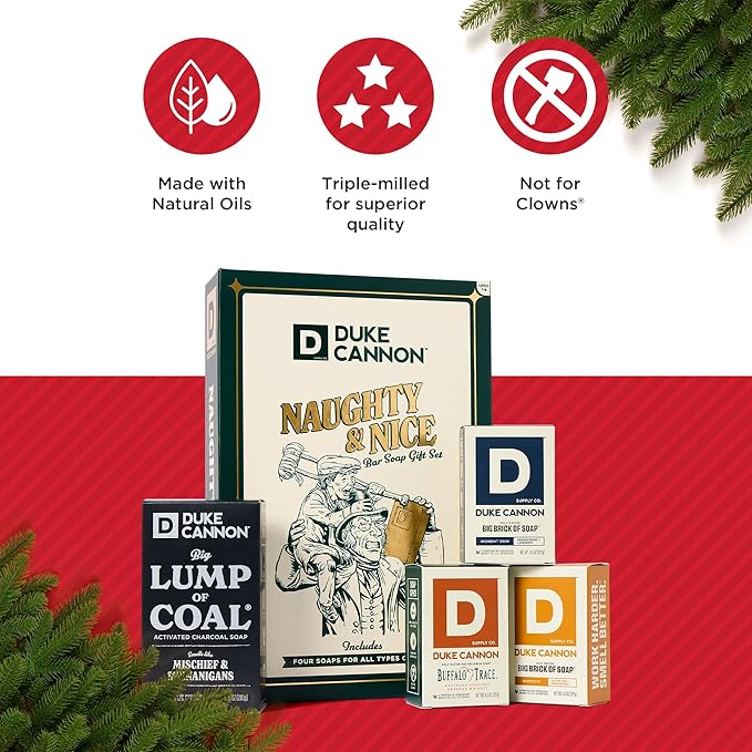Duke Cannon Men’s Holiday Soap Gift Set – Lump of Coal 10 oz Bar + 3 Junior Bars (American Bourbon, Sawtooth, Midnight Swim) – Christmas Gift, Stocking Stuffer, Grooming Set for Men