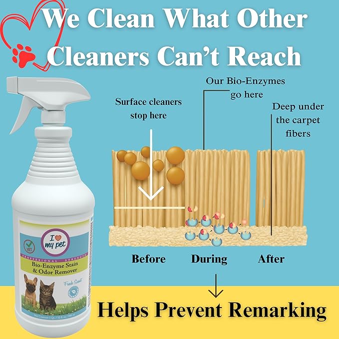 I Love My Pet Bio-Enzyme Stain and Odor Eliminator for Home, Enzyme Cleaner, Pet Carpet Cleaner Spray, Pee, Carpet Stain Remover Spray, 32 oz Fresh Scent