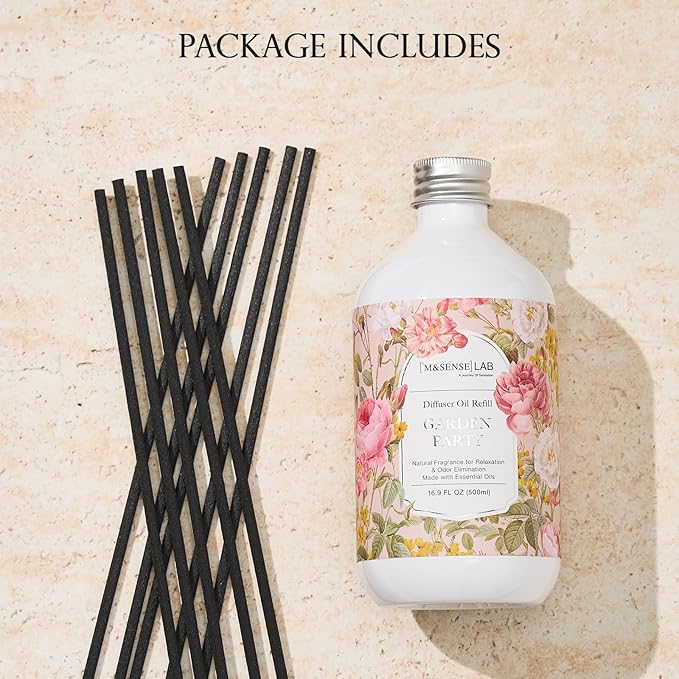 M&SENSE Reed Diffuser Oil Refill, 16.9oz (500ml) with 10 Hollow Reed Sticks, Garden Party Scent Home Fragrance, Scented Oil Refills, Natural Essential Oils for Diffusers, Décor for Home Spa & Office