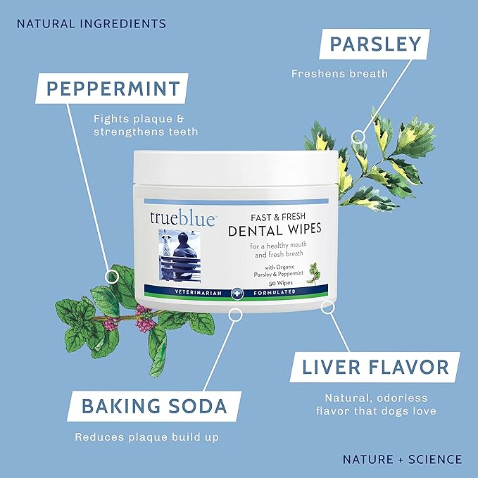 TrueBlue Parsley & Peppermint Fast and Fresh Dog Dental Wipes – Pre-Moistened Teeth Cleaning Pads - Non-Toxic, All-Natural Tooth Cleansing– 50 Count