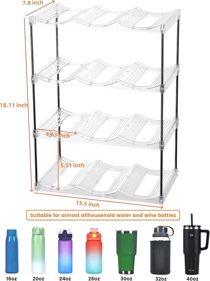 IEEK 4 Tier Stackable Wine and Water Bottle Holder Free-Standing Fridge Wine Bottle Organizers Clear Plastic Water Bottle Holder for Cabinet,Refrigerator,Pantry,Kitchen Countertops,Holds 12 Bottles