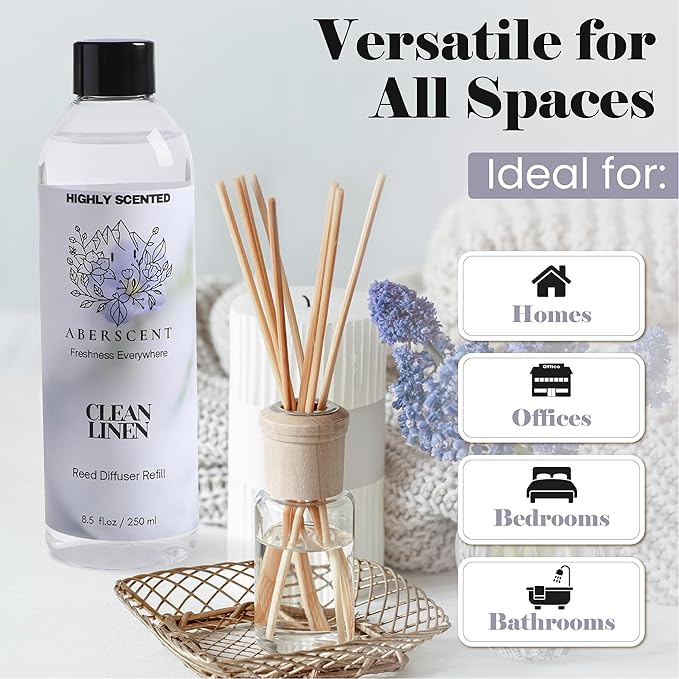 Clean Linen Aberscent Premium Reed Diffuser Oil Refill (8.5 Fl Oz/250ml) – Long-Lasting Fragrance Oil for Home, Office & Spa – Relaxing Scent, Luxury Hotel-Style Aroma