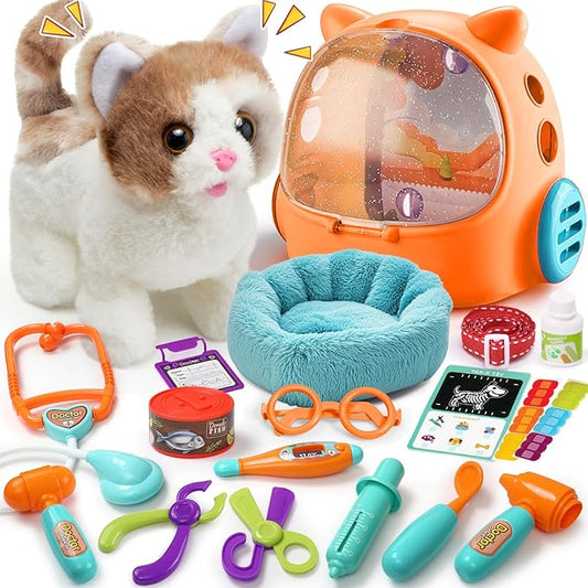 17PCS Cat Doctor Kit for Toddlers 3-5, Veterinarian Playset for Kids with Interactive Walk Meow Cat & Backpack Carrier & Nest & Medical Tool, Pet Vet Kit Pretend Play Toy Gift for Boy Girl 3-6
